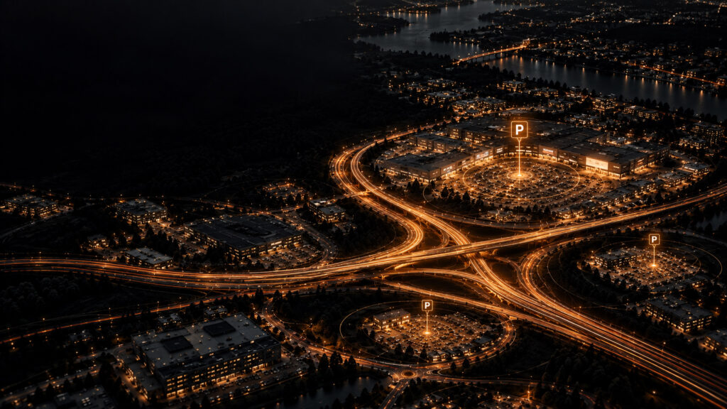 An overview of a city showing traffic flows and parking spaces.